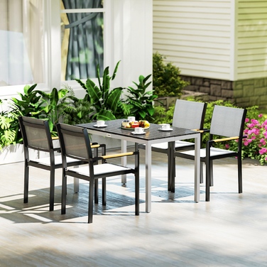 Outsunny Garden Table Алюміній 120x70 см Стійкий до погодних умов балконний стіл з ефектом дерева, Нековзний фуршетний стіл Кемпінговий стіл на 4-6 осіб Стіл для патіо Обідній стіл на відкритому повітрі для саду, балкон чорний