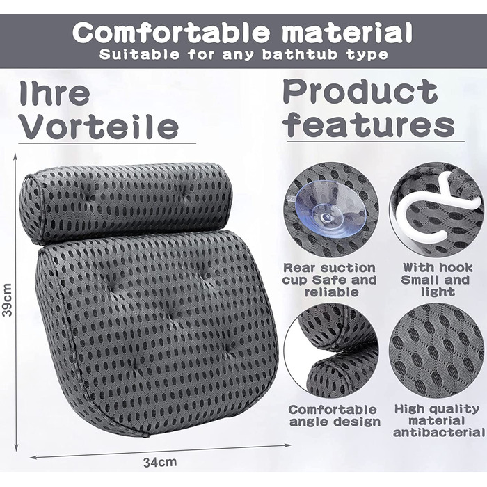Подушка для ванни MOOING з 7 гачками, технологія повітряної сітки 4D