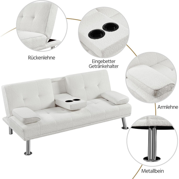 Диван-ліжко Yaheetech на 3 особи з функцією сну, диван-кровать, софа-ліжко, білий, до 350 кг