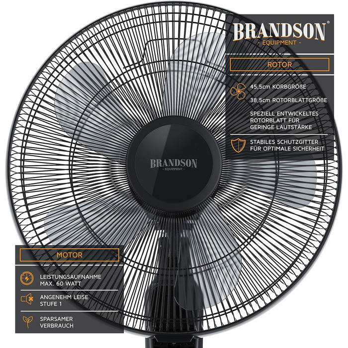 Вентилятор Brandson підлоговий, 60 Вт, з пультом, дисплеєм, осциляцією 80°, регульована висота, 3 швидкості, нахил голови 35°, чорний