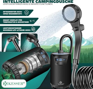 Соняшний душ KESSER® з насосом та акумулятором 8000mAh. Комплект для кемпінгу: регульована лійка, шланг 2м, пістолет-пульверизатор, кріплення. Без бака (Чорний/Чорний)