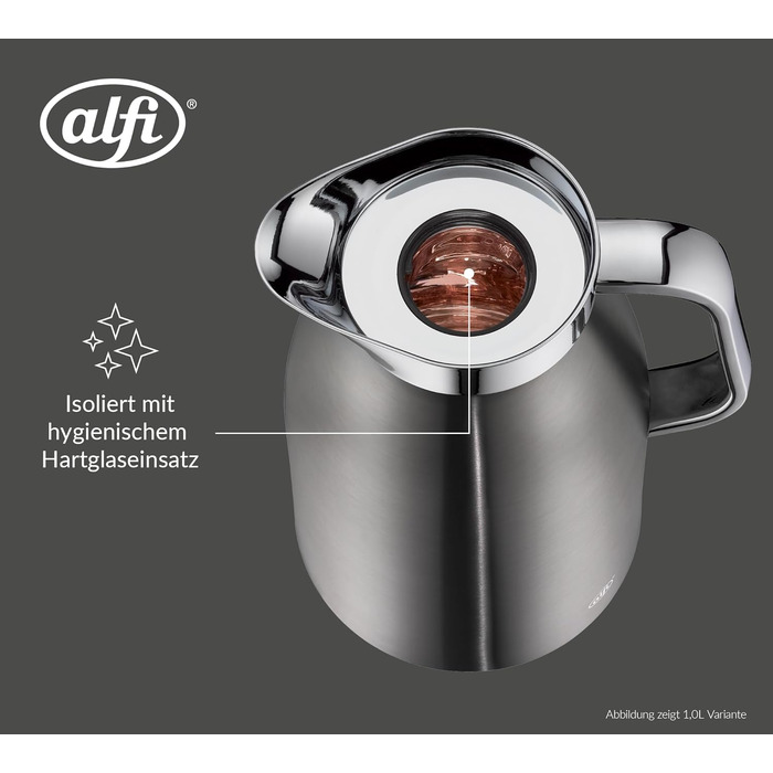 Термос Alfi SKYLINE 650ml Cool Grey Mat з нержавіючої сталі з скляним вкладишем, з кришкою-поворотом та зручною кнопкою, ергономічна ручка, для кави, 650 мл