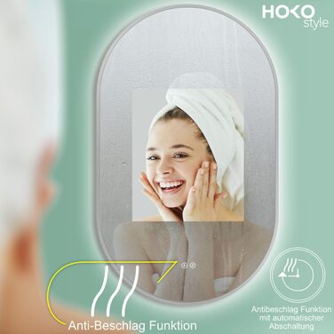 Дзеркало для ванної кімнати LED HOKO Design Turin, овальне, 45x75 см, матовий чорний каркас, сенсорне керування, LED-підсвічування, антизапарник