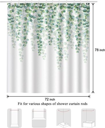 Завіса для душу Bonhaus, завіси для душу з зеленими листям і рослинами, водонепроникна поліефірна тканина, що миється фіранка для ванної кімнати з 12 гачками (180 х 200 см, евкаліпт)