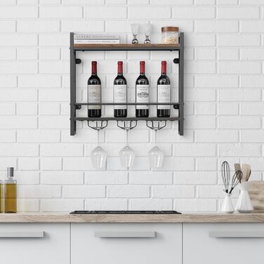 Стильна полиця для вина Komfotteu на стіну, дерев'яна з металевим каркасом, з тримачем для келихів, 60 x 20 x 55 см