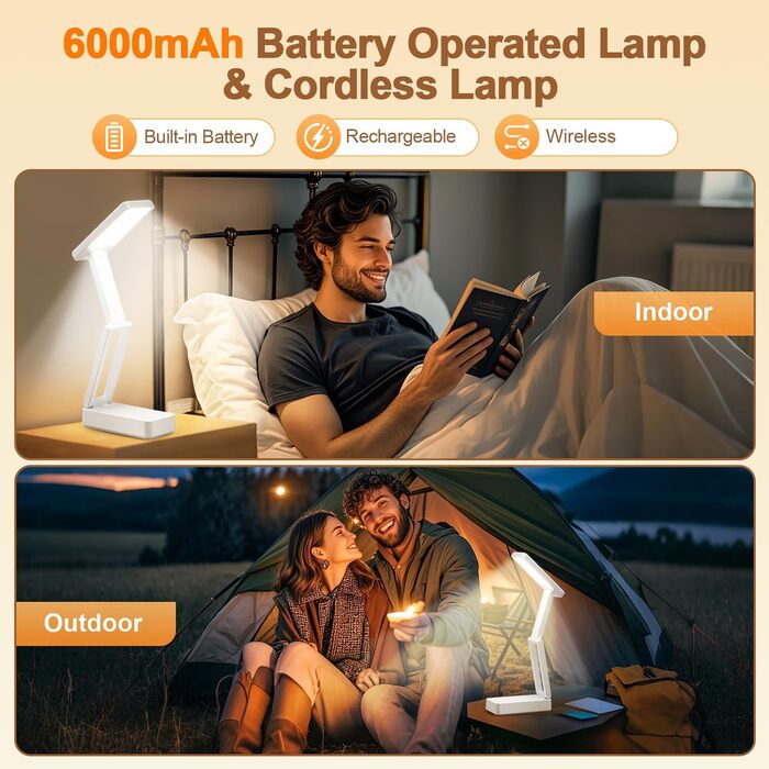 Акумуляторна LED-лампа настільна дитяча, 6000mAh, 3 кольори, регулювання яскравості, складана, портативна, з таймером, для читання, кемпінгу, біла