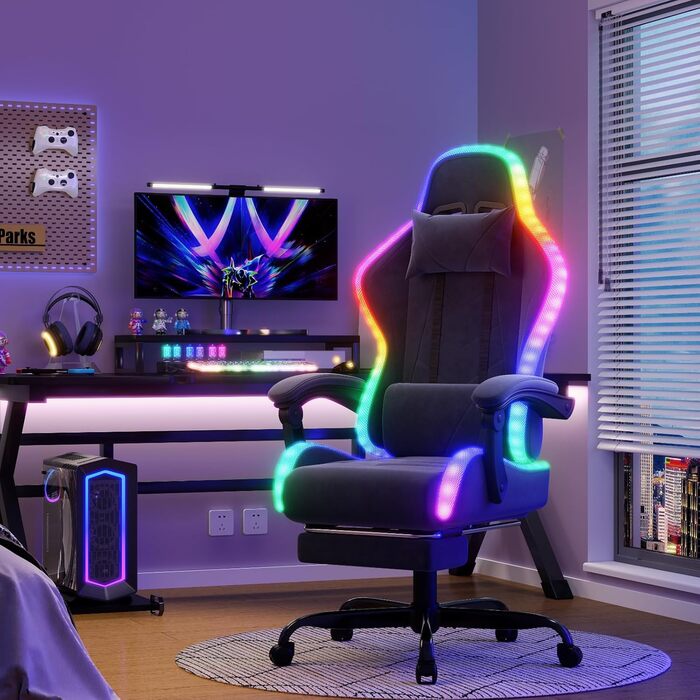 Ігровий крісло JUMMICO з тканини та LED підсвічуванням, ергономічний офісний крісло з масажем попереку та підніжкою, регулювання 90°-135°, максимальне навантаження 150 кг, колір сірий, компактний