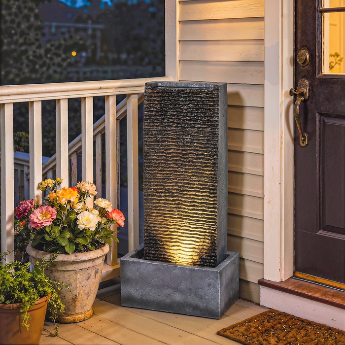 Двох'ярусний фонтан для саду з LED-підсвічуванням та насосом, з імітацією граніту, розміром 37,5 x 22 x 80 см