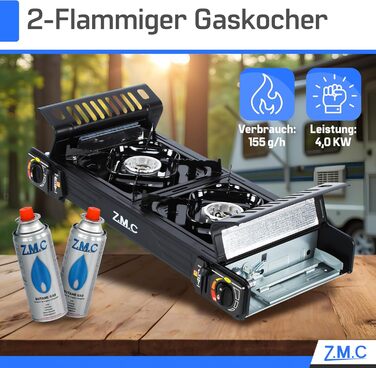 Преміум газовий набір для кемпінгу ZMC з 2 конфорками, 2,5 кВт, Piezo-запалювання, валіза для транспортування. Ідеально для відпочинку на природі, балкону та дому. Включає гриль-плиту 45×24 см та 227г газові картриджі.