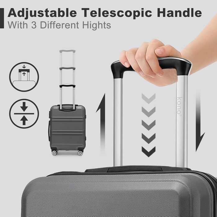 Чемодан середнього розміру KONO 24 дюйми з ABS-пластику з TSA-замком, 4 колеса, 65×44×25.5 см, сірий, 3-секційний набір
