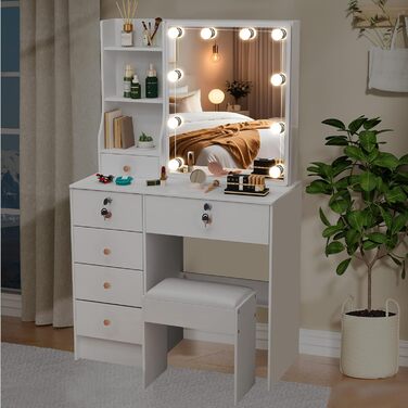 Туалетний столик зі світлом та дзеркалом, з пуфом, 6 шухляд та 6 полиць, 80x36x130 см (PW5)
