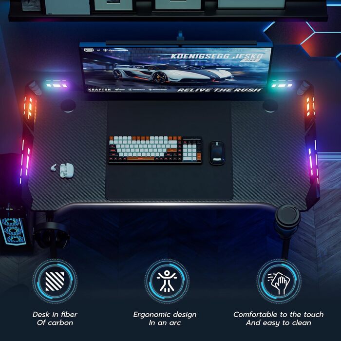 LED ігровий стіл FIVMEN 120x60 см з підсвіткою, тримачем для напоїв та гачком для навушників. Стіл для комп'ютера, геймінговий стіл з карбоновим покриттям, M-Frame 120 см