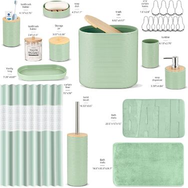Набір аксесуарів для ванної кімнати IMAVO, 9 предметів: сміттєвий бак, дозатор мила, мильниця, тримач для зубних щіток, стакан для зубних щіток, тримач для унітазного йоржика, дозатор ватних паличок (зелений, 26 предметів + душова завіса + килимки)