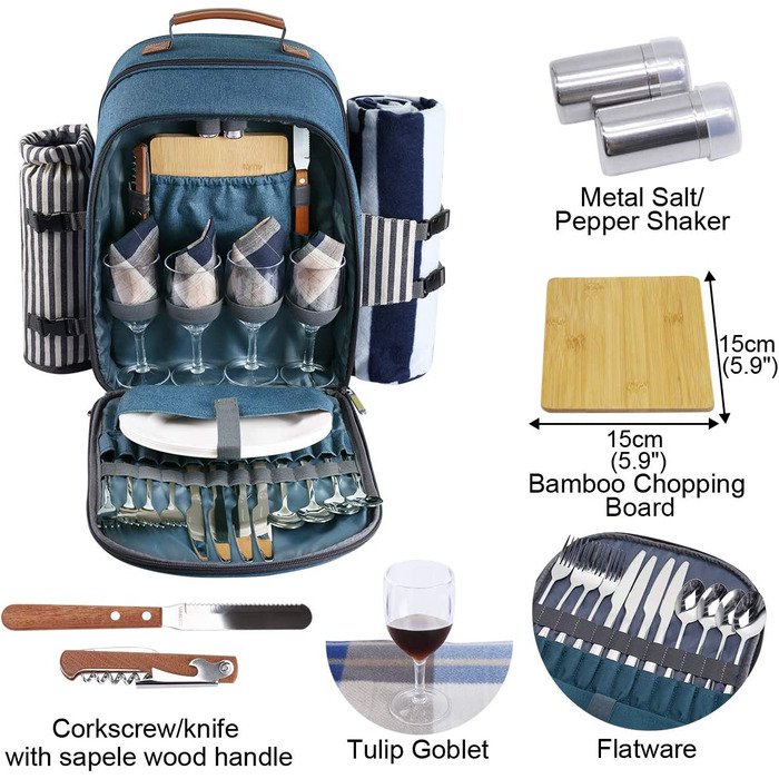 Набір для пікніка Sunflora на 4 особи з термосумкою та пледом, пікніковий кошик для кемпінгу та відпочинку на природі (синій та смугастий)