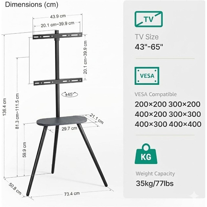 Підставка для телевізора 43-65 дюймів (LCD, LED, OLED) до 35 кг, регульована по висоті та поворотна, дерев'яна, з підносом, VESA 400x400 мм, чорний кований метал