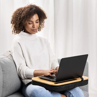 Підставка для ноутбука Navaris з подушкою 44x32x6 см - дерев'яна підставка з м'якою подушкою для ноутбука та планшета - чорний колір, натуральне дерево