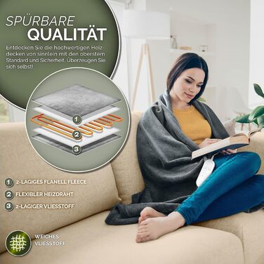 Електрична гріюча ковдра 200x180 см сірого кольору | з таймером та 9 рівнями нагріву | Плюшева ковдра, пральна до 40°C, цифровий дисплей