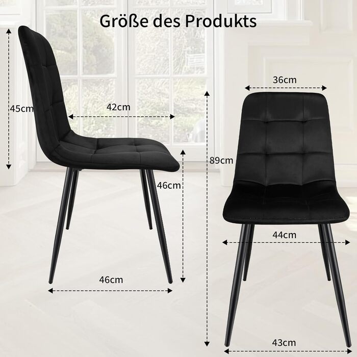 Набір обідніх стільців, м'які стільці з оксамитовою оббивкою та чорними металевими ніжками, кухонні стільці з максимальною вантажопідйомністю 120 кг (4 шт, чорний)