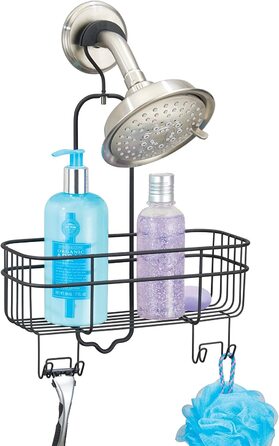 Душова кабіна mDesign для ванної без свердління-висувна підвісна полиця з кошиком для зберігання і 4 гачками для душу-компактна металева душова кабіна-матове срібло (чорний матовий колір)