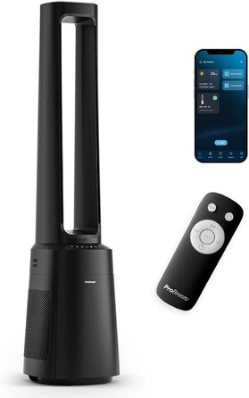 Вентилятор Pro Breeze OmniAir з очищувачем повітря, 105 см - безлопасний, осциляція 75°, пульт, HEPA 13, LED дисплей, 10 швидкостей, тихий, 5 режимів, Smart App, чорний