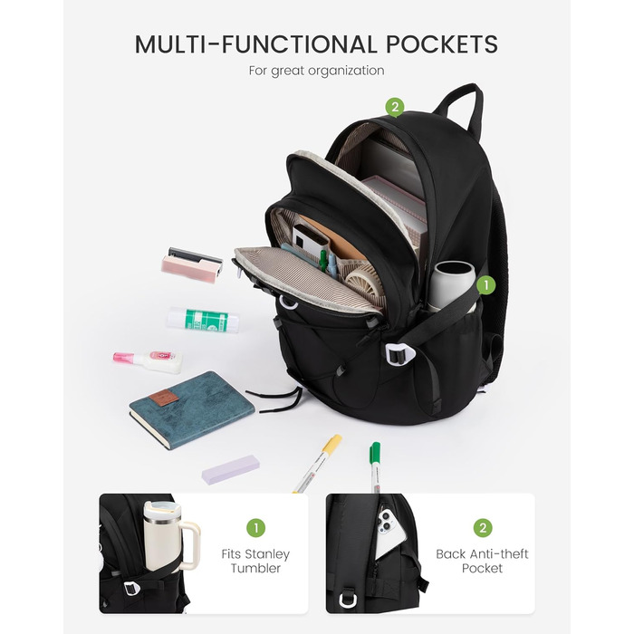 Рюкзак LOVEVOOK для підлітка, шкільний ранець 5 клас, дитячий рюкзак з нагрудною стрічкою, легка жіноча сумка для школи, рюкзак для дітей від 8 років для дитячого садка, школи, університету, відпочинку (Чорний, 15,6 дюймів)