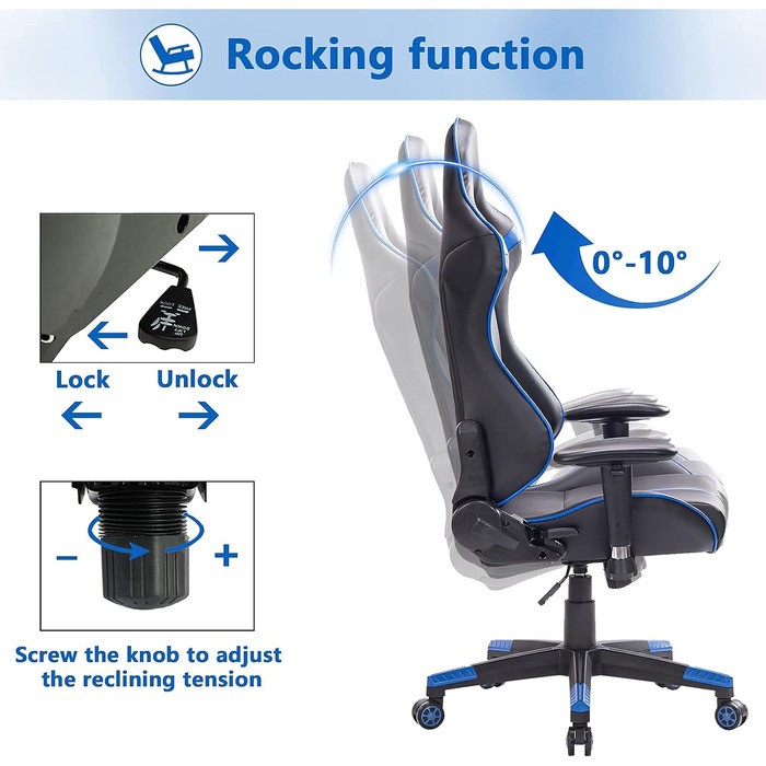 Ігрове крісло WOLTU, офісне крісло з поліуретанової шкіри Ігрове крісло ергономічне з поперековою подушкою, геймерське крісло Гоночне крісло для ПК з функцією гойдалки Поворотне крісло в прямому ефірі Чорний