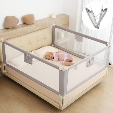 Бортики для ліжка дитячі 3 шт., захисні грати на ліжко для малюків (2x200 см + 1x180 см), сірі, складані