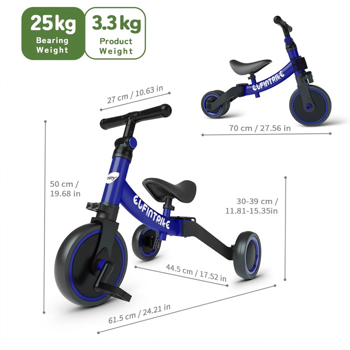 Бесрей 5-в-1 Дитячий Біговел, Триколісний Велосипед для Малюків 1-4 роки (Темно-синій)