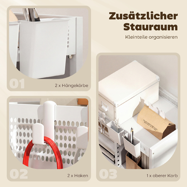 Мобильна полиця для книг на коліщатках, 4 яруси, регульовані полиці та підвісні кошики для домашнього офісу та вітальні, білий