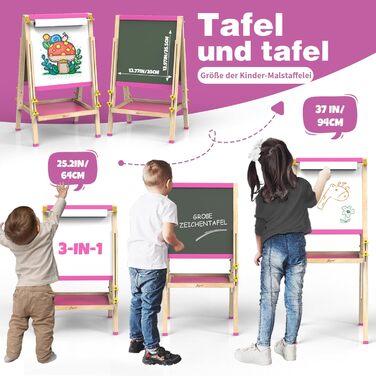 Мольберт для малювання Joyooss для дітей, регульований дерев'яний мольберт для малювання, двосторонній, сухий маркер, з аксесуарами для малювання, подарунок та канцтовари для дітей 4-8 років (РОЖЕВИЙ) 106PINK