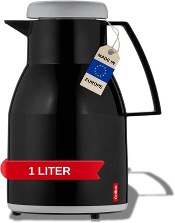 Термос Wash Thermoskanne чорного кольору 1л, зберігає напої гарячими та холодними до 6 годин, з подвійним скляним вкладишем, щільний гвинтовий ковпачок, придатний для миття в посудомийній машині