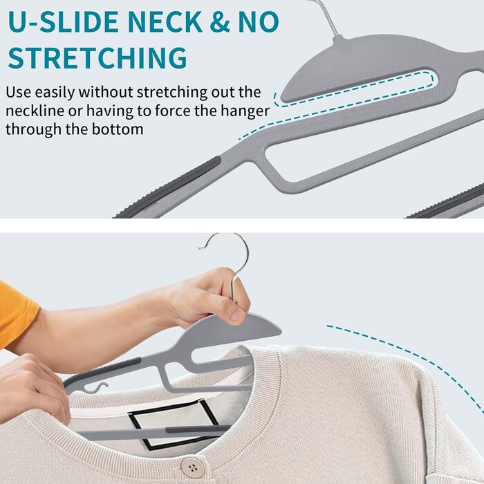 Плечики для одягу з пластику, 50 шт. з неслизьким покриттям, для сорочок та краваток, обертаються на 360°, сірий + сріблястий, APY0450G