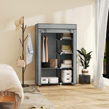 HOMCOM шафа для одягу, тканинна шафа, 6 відділень, сіра, 103x43x162,5 см, складана шафа для одягу з виглядом з флісу | Aosom