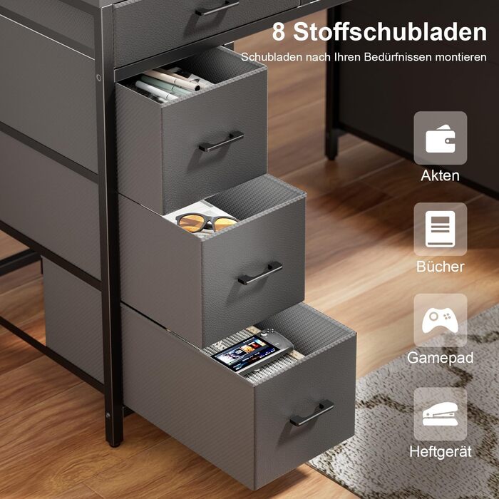 Комп'ютерний стіл з 8 висувними ящиками, 2 розетками, USB-портами, LED-підсвічуванням та підставкою для монітора, 120 x 50 x 74 см (сірий)