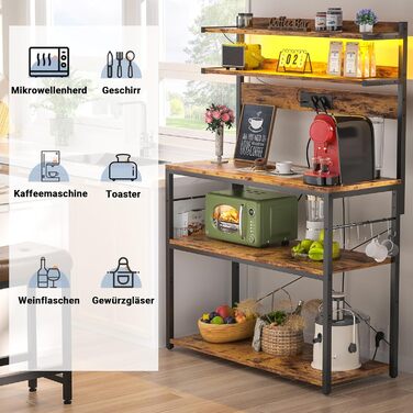 Кухонна полиця-стійка з розеткою, підставка для мікрохвильовки, 5-ярусна кавобар з LED-підсвічуванням, полиця для спецій, каструль та сковорідки, коричнева, 80 см