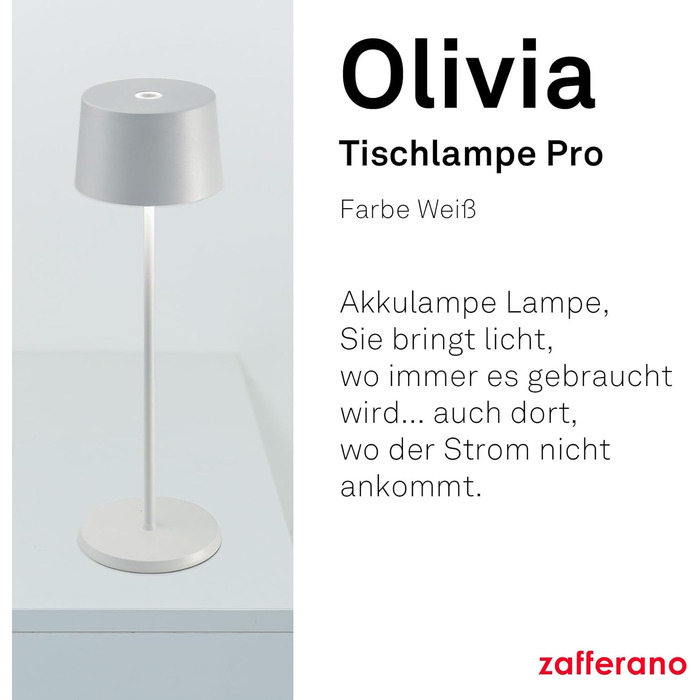 Zafferano Olivia Pro - портативна LED-лампа, торшер, 35 см, регулювання яскравості, для дому та саду, з зарядним пристроєм (нова версія)
