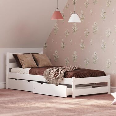 Ліжко дитяче Вробель Kinderbett 90x200 см з 2 шухлядами та ламелями - односпальне ліжко з масиву сосни - ліжко Монтессорі для дітей та підлітків, біле - без матрацу 90 x 200 см