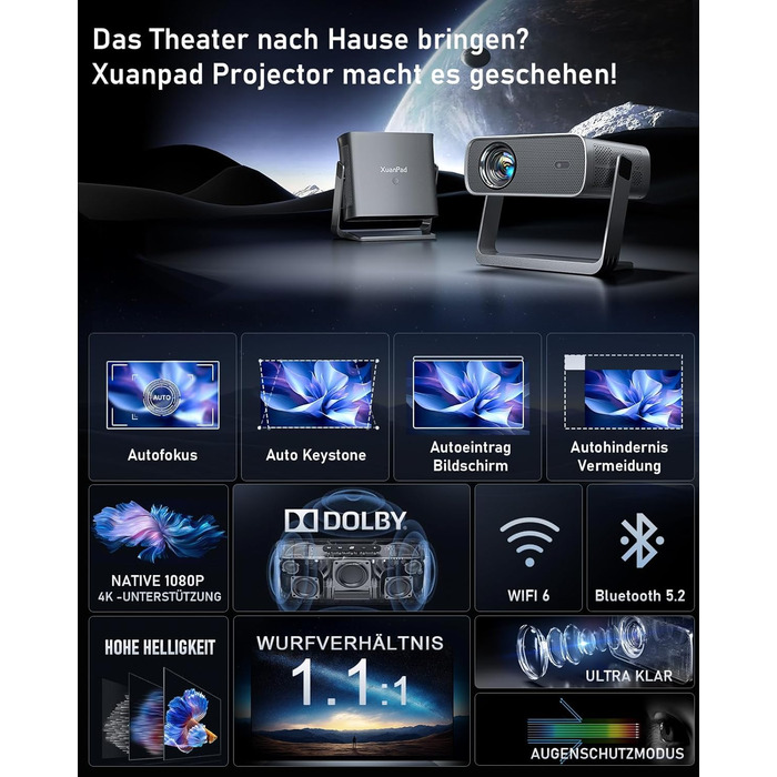 XuanPad Проектор 1080P з WiFi, Bluetooth та AI-автофокусом, 30000 люмен, поворотний на 210°, автоматична корекція Keystone, захист від пилу та система охолодження, сертифікований Netflix