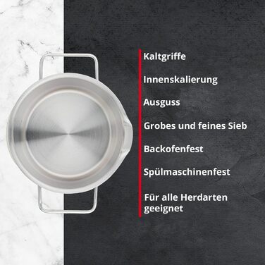 Каструля Meisterkoch з нержавіючої сталі 16 см з виливом, мірною шкалою та ізольованою ручкою | з кришкою з скла та ситом | кухонне приладдя, підходить для індукційних плит
