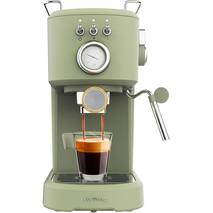 Еспресо-машина Cecotec Compact Power Espresso 20 Retro Green: 1100 Вт, 20 бар, термоблок, капучинатор, манометр