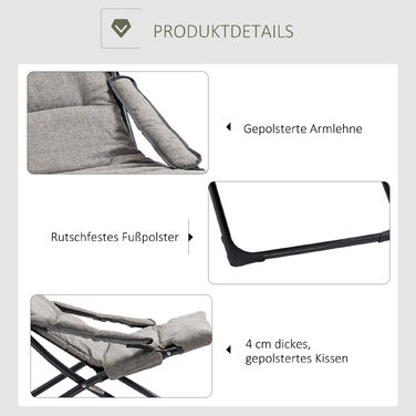 Зручний металевий садовий стілець-крісло з підлокітником, що складається, з м'яким сидінням, стійкий до погодних умов. Ідеально підходить для кемпінгу, відпочинку на природі, саду, терасі або балконі. Максимальне навантаження: 120 кг. Розміри: 66B x 94T x