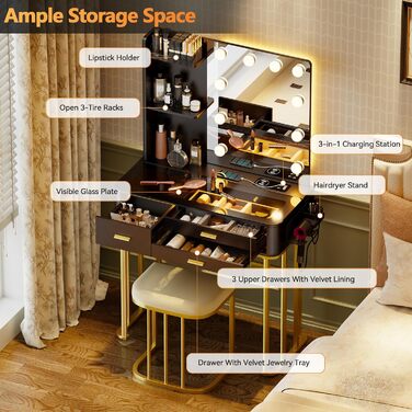 Трюмо Lvifur з дзеркалом у стилі Голлівуд, 10 регульованих лампочок, пуф, ящик, станція зарядки, USB-порт, чорний колір