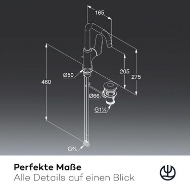 Змішувач для умивальника KLUDI-X1 з витяжною системою, поворотний на 360°, висота виливу 205 мм, водозберігаючий, розмір L, з підключенням, хром, з комплектом для зливу, хром