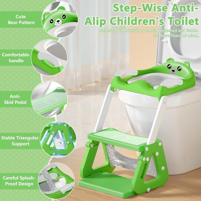 Дитяче сидіння на унітаз зі сходинками 2-в-1: з м'яким сидінням, регульована висота, складаний тренажер для привчання до туалету, нековзне покриття