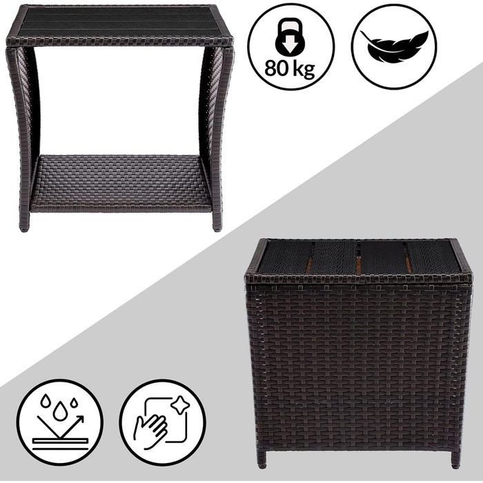 Журнальний столик Casaria Poly Rattan зі стільницею з ДПК, 45x45x40 см, 80 кг, стійкий до погодних умов, коричневий