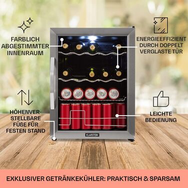 Міні-холодильник Klarstein з дверцятами зі скла, 60 літрів, для кімнати, тихий, з регульованими полицями та хвильовими решітками, срібно-чорний