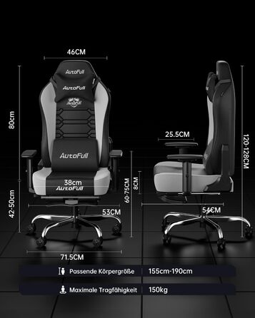 Ігровий крісло AutoFull C3: ергономічний дизайн, 2D підлокітники, підставка для ніг, подушки для голови та попереку, чорно-білий матеріал, 150 кг, комфортний