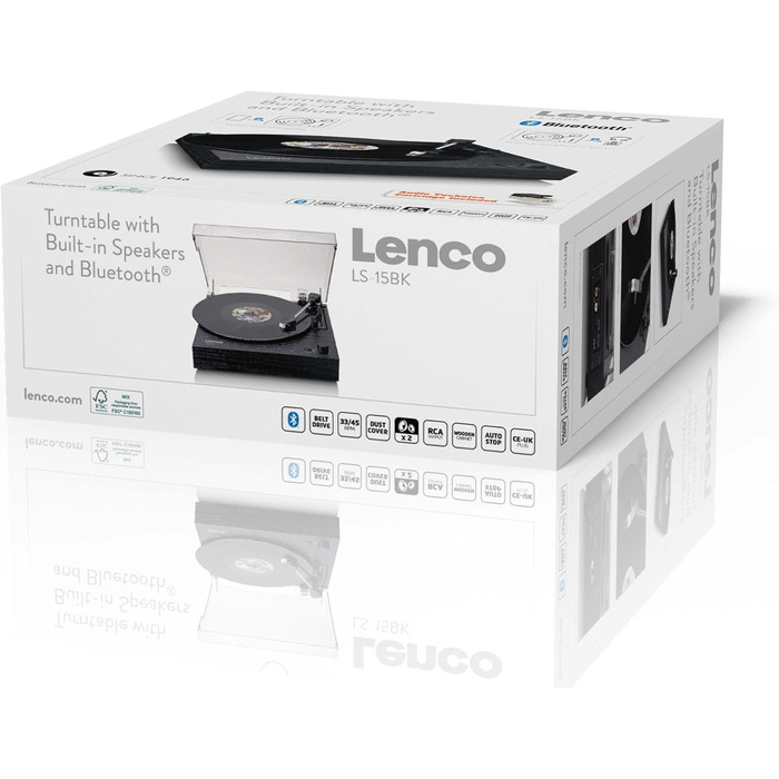 Програвач вінілу Lenco LS-15BK з Bluetooth, 2 динаміками, AT3600L, автостопом, AUX/RCA, чорний