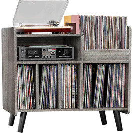 Стіл для програвача, стійка для вінілових пластинок середини століття з місцем для зберігання до 350+ альбомів, шафа для вінілу з регульованими полицями (Сірий)