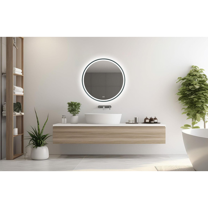 LED дзеркало для ванної кімнати Home Glow круглої форми 80 см – з підсвічуванням, проти запотівання, сенсорним вимикачем, металевим каркасом (графіт)